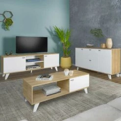 DANSMAMAISON Buffet 2 Portes 2 Tiroirs Bois/Blanc - QUIRUTA - L 140 X L 40 X H 75 Cm - Bois Clair -Buffet et enfilade Soldes 53054738 5