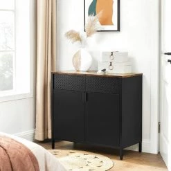 SONGMICS Meuble De Rangement, Buffet, Double Porte Aimantée, Avec étagère Réglable, Pour Salle à Manger, Salon, Cuisine, Entrée, Cadre En Acier, Style Industriel, Marron Rustique Et Noir LSC102B01 - Marron Rustique Et Noir -Buffet et enfilade Soldes 53100512 4