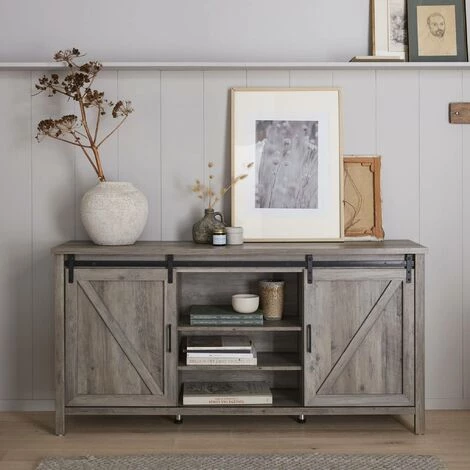 ALICE'S HOME Buffet En Décor Bois Gris 160x39x80cm - Galant - 4 étagères. 7 Compartiments De Rangement - Bois Gris 2 ALICE'S HOME Buffet En Décor Bois Gris 160x39x80cm - Galant - 4 étagères. 7 Compartiments De Rangement - Bois Gris – Image 2