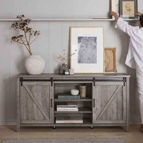 ALICE'S HOME Buffet En Décor Bois Gris 160x39x80cm - Galant - 4 étagères. 7 Compartiments De Rangement - Bois Gris 4 ALICE'S HOME Buffet En Décor Bois Gris 160x39x80cm - Galant - 4 étagères. 7 Compartiments De Rangement - Bois Gris – Image 4