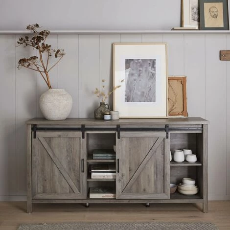 ALICE'S HOME Buffet En Décor Bois Gris 160x39x80cm - Galant - 4 étagères. 7 Compartiments De Rangement - Bois Gris 5 ALICE'S HOME Buffet En Décor Bois Gris 160x39x80cm - Galant - 4 étagères. 7 Compartiments De Rangement - Bois Gris – Image 5