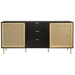 AUTRES Buffet 2 Portes Et 3 Tiroirs - MDF Laqué Noir Et Cannage En Rotin Naturel - L 180 X P 40 X H 80 Cm - HARROD