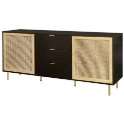 AUTRES Buffet 2 Portes Et 3 Tiroirs - MDF Laqué Noir Et Cannage En Rotin Naturel - L 180 X P 40 X H 80 Cm - HARROD -Buffet et enfilade Soldes 53578920 3