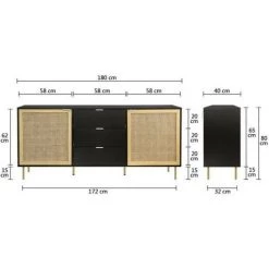 AUTRES Buffet 2 Portes Et 3 Tiroirs - MDF Laqué Noir Et Cannage En Rotin Naturel - L 180 X P 40 X H 80 Cm - HARROD -Buffet et enfilade Soldes 53578920 4