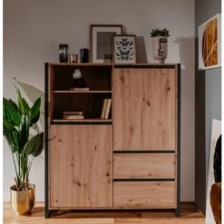 CAESAROO Buffet De Salon 139 Cm Minorca Chêne Artisanal Et Gris Anthracite Avec Deux Portes Et Deux Tiroirs | Chêne Et Gris -Buffet et enfilade Soldes 54063715 3