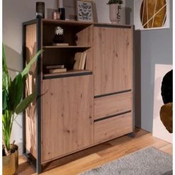 CAESAROO Buffet De Salon 139 Cm Minorca Chêne Artisanal Et Gris Anthracite Avec Deux Portes Et Deux Tiroirs | Chêne Et Gris -Buffet et enfilade Soldes 54063715 4