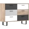 CAESAROO Buffet 118x35 Cm Aruba Avec Structure Chêne Clair Et Six Tiroirs Multicouleurs | Chêne Et Gris