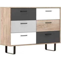 CAESAROO Buffet 118x35 Cm Aruba Avec Structure Chêne Clair Et Six Tiroirs Multicouleurs | Chêne Et Gris