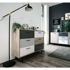 CAESAROO Buffet 118x35 Cm Aruba Avec Structure Chêne Clair Et Six Tiroirs Multicouleurs | Chêne Et Gris -Buffet et enfilade Soldes 54063716 4