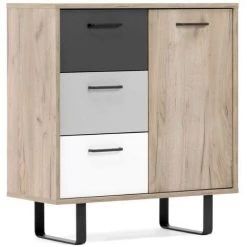CAESAROO Buffet 80x35 Cm Aruba Avec Une Porte En Chêne Clair Et Trois Tiroirs En Trois Couleurs | Chêne Et Gris
