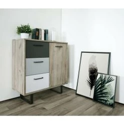 CAESAROO Buffet 80x35 Cm Aruba Avec Une Porte En Chêne Clair Et Trois Tiroirs En Trois Couleurs | Chêne Et Gris -Buffet et enfilade Soldes 54063717 3