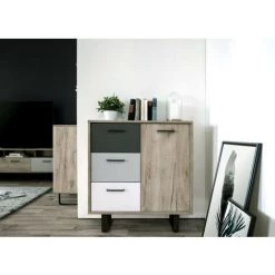 CAESAROO Buffet 80x35 Cm Aruba Avec Une Porte En Chêne Clair Et Trois Tiroirs En Trois Couleurs | Chêne Et Gris -Buffet et enfilade Soldes 54063717 4