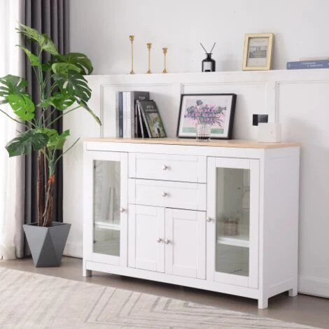 MERKMAK Buffet Grain De Bois Blanc Avec 4 Portes En Verre Incruste 2 Tiroirs Capacite De Poids 30 Kg 120 X 37 X 80 Cm 1 MERKMAK Buffet Grain De Bois Blanc Avec 4 Portes En Verre Incruste 2 Tiroirs Capacite De Poids 30 Kg 120 X 37 X 80 Cm