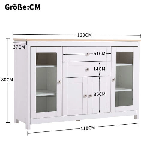 MERKMAK Buffet Grain De Bois Blanc Avec 4 Portes En Verre Incruste 2 Tiroirs Capacite De Poids 30 Kg 120 X 37 X 80 Cm 2 MERKMAK Buffet Grain De Bois Blanc Avec 4 Portes En Verre Incruste 2 Tiroirs Capacite De Poids 30 Kg 120 X 37 X 80 Cm – Image 2