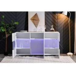 MERKMAK Buffet 150 X 40 X 81 Cm Blanc Brillant Eclairage LED Variable 3 Espaces Avec Panneaux De Porte Pour Salon Et Salle A Manger -Buffet et enfilade Soldes 54079941 3