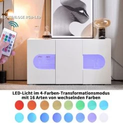 MERKMAK Buffet 150 X 40 X 81 Cm Blanc Brillant Eclairage LED Variable 3 Espaces Avec Panneaux De Porte Pour Salon Et Salle A Manger -Buffet et enfilade Soldes 54079941 5