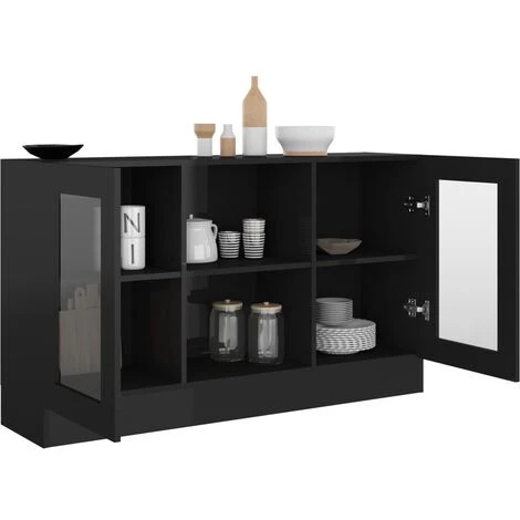 Hommoo Armoire A Vitrine Noir Brillant 120x30,5x70 Cm Agglomere 4 Hommoo Armoire A Vitrine Noir Brillant 120x30,5x70 Cm Agglomere – Image 4