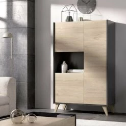 CAESAROO Buffet De Salon 135 Cm Abby Graphite Et Naturel Avec Trois Portes | Graphite Et Naturel
