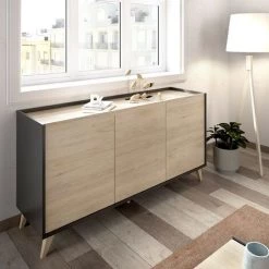 CAESAROO Buffet De Salon 155 Cm Abby Graphite Et Naturel Avec Trois Portes | Graphite Et Naturel