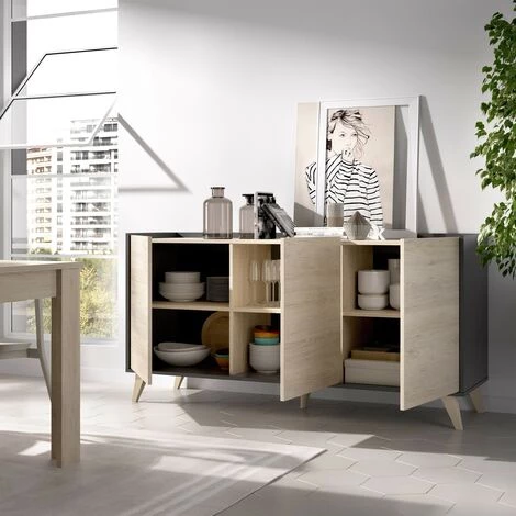 CAESAROO Buffet De Salon 155 Cm Abby Graphite Et Naturel Avec Trois Portes | Graphite Et Naturel 2 CAESAROO Buffet De Salon 155 Cm Abby Graphite Et Naturel Avec Trois Portes | Graphite Et Naturel â Image 2