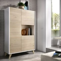 CAESAROO Buffet De Salon 135 Cm Abby Blanc Mat Et Naturel Avec Trois Portes | Blanc Et Naturel