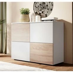 DESIGN AMEUBLEMENT Buffet Bahut 4 Portes | 90 X 68 X 34cm | Couleur Blanc Et Sonoma Finition Mat | Meuble De Rangement | Modèle ZOEL - Blanc -Buffet et enfilade Soldes 54389645 3