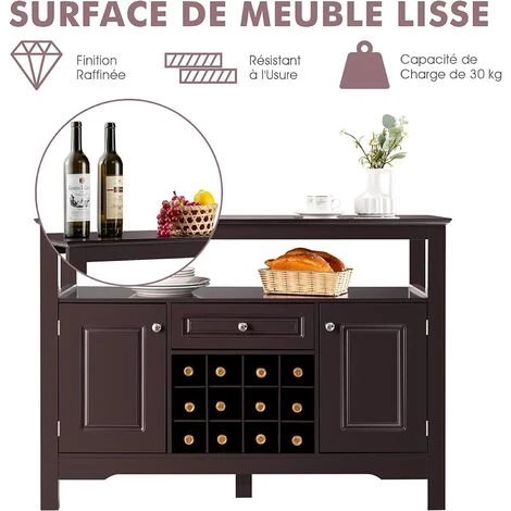 COSTWAY Buffet De Cuisine, Avec Casier à Vin, Etagères, 1 Tiroir Et 2 Armoires, 117 X 40,5 X 82,5 CM Café 5 COSTWAY Buffet De Cuisine, Avec Casier à Vin, Etagères, 1 Tiroir Et 2 Armoires, 117 X 40,5 X 82,5 CM Café – Image 5