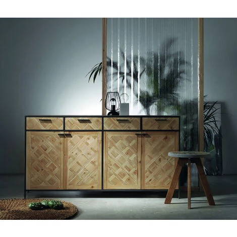 Buffet, Bahut 4 Portes Et 4 Tiroirs En Bois De Sapin Naturel Et Métal Gris Foncé- Longueur 160 X Hauteur 85 X Largeur 40 Cm -PEGANE- 5 Buffet, Bahut 4 Portes Et 4 Tiroirs En Bois De Sapin Naturel Et Métal Gris Foncé- Longueur 160 X Hauteur 85 X Largeur 40 Cm -PEGANE- – Image 5