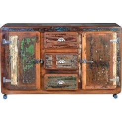 Buffet Bahut En Bois Recyclé Multicolore - Longueur 150 X Profondeur 40 X Hauteur 90 Cm -PEGANE-