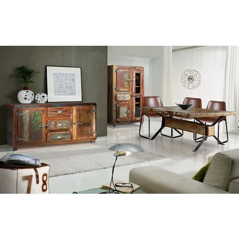 Buffet Bahut En Bois Recyclé Multicolore - Longueur 150 X Profondeur 40 X Hauteur 90 Cm -PEGANE- 3 Buffet Bahut En Bois Recyclé Multicolore - Longueur 150 X Profondeur 40 X Hauteur 90 Cm -PEGANE- – Image 3