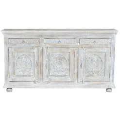 Buffet Bahut En Bois De Manguier Coloris Blanc Vieilli - Longueur 197 X Profondeur 44 X Hauteur 110 Cm -PEGANE-
