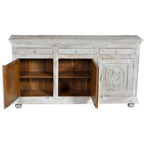 Buffet Bahut En Bois De Manguier Coloris Blanc Vieilli - Longueur 197 X Profondeur 44 X Hauteur 110 Cm -PEGANE- 3 Buffet Bahut En Bois De Manguier Coloris Blanc Vieilli - Longueur 197 X Profondeur 44 X Hauteur 110 Cm -PEGANE- – Image 3