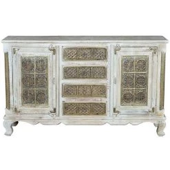 Buffet Bahut En Bois De Manguier Coloris Blanc Vieilli - Longueur 150 X Profondeur 40 X Hauteur 90 Cm -PEGANE-