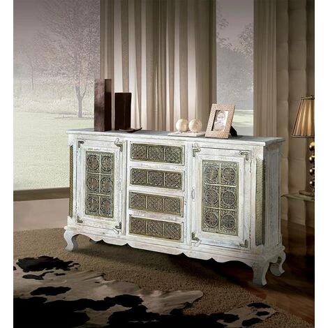 Buffet Bahut En Bois De Manguier Coloris Blanc Vieilli - Longueur 150 X Profondeur 40 X Hauteur 90 Cm -PEGANE- 5 Buffet Bahut En Bois De Manguier Coloris Blanc Vieilli - Longueur 150 X Profondeur 40 X Hauteur 90 Cm -PEGANE- – Image 5