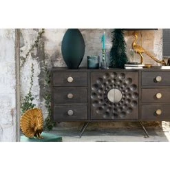 HELLIN Buffet Bas Ethnique En Bois De Manguier 2 Portes Et 6 Tiroirs - PADANG - Bois Foncé -Buffet et enfilade Soldes 54671283 3