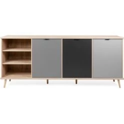 CAESAROO Buffet 209x40 Cm Chêne Et Gris Avec Trois Portes Et Trois Compartiments | Chêne Et Gris