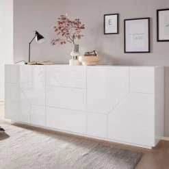 AHD AMAZING HOME DESIGN Buffet 220x40cm Blanc Salon Cuisine Meuble 4 Portes 3 Tiroirs Mavis