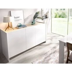 CAESAROO Buffet De Salon 138 Cm Britney Blanc Mat Et Naturel Avec Trois Portes | Blanc Et Naturel