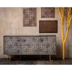 MEUBLE HOUSE Enfilade Bois Gris Pieds Dorés 3 Portes Ethniques "Pop Vintage" - Gris