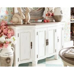 MEUBLE HOUSE Buffet 4 Portes Blanc Cassé Vieilli Plateau Bois "Héritage" - Blanc