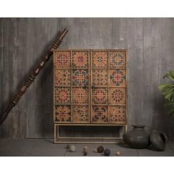 MEUBLE HOUSE Buffet 2 Portes Pieds Dorés Portes Colorées "Pop Vintage" - Marron