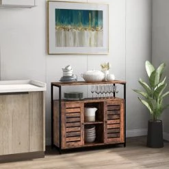 Fortuna Lai Meuble De Rangement, Buffet, Meuble De Cuisine, Avec Placard Et étagères, Portes à Persiennes, Pour Salle à Manger, Salon, Couloir, Chambre, Style Industriel,Brun Rustique -Buffet et enfilade Soldes 54994259 3