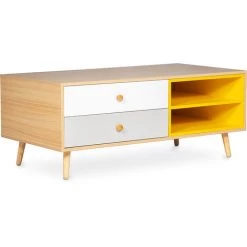 PRIVATEFLOOR Meuble De TV Buffet En Bois Avec Tiroirs Design Scandinave - Lenark Bois Naturel - Bois De Pin, Particules De Bois - Bois Naturel