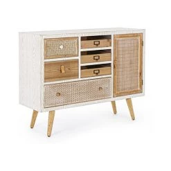 M&S Buffet 1 Porte 6 Tiroirs 106x35x81 Cm Blanc Et Naturel - MILEY