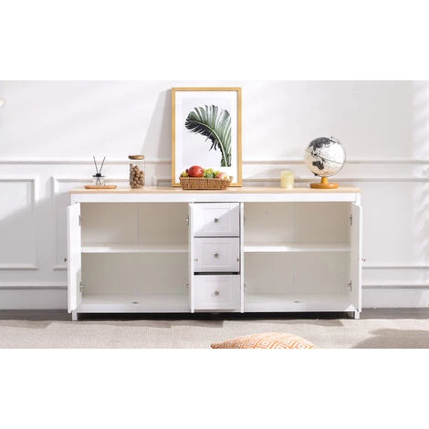 Fortuna Lai Buffet, Meuble De Cuisine, Meuble De Rangement, Cave à Vin, 4 Portes 3 Tiroirs, Grand Espace De Rangement, Convient Pour Salon, Salle à Manger, Blanc, Grain De Bois 3 Fortuna Lai Buffet, Meuble De Cuisine, Meuble De Rangement, Cave à Vin, 4 Portes 3 Tiroirs, Grand Espace De Rangement, Convient Pour Salon, Salle à Manger, Blanc, Grain De Bois – Image 3