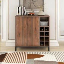Fortuna Lai Buffet, Meuble De Cuisine, Meuble De Rangement, Cave à Vin, 2 Portes, Adapté Au Salon, Cuisine, Salle à Manger, 86*36*90cm, Style Industriel, Bois?Noyer Foncé -Buffet et enfilade Soldes 55314536 4