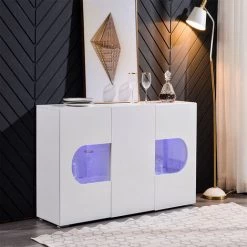 Fortuna Lai Buffe Avec LED, Meuble De Cuisine? 3 Portes, Couleurs Changeantes, Grand Espace De Rangement, Salon, Salle à Manger, Couloir, Design Contemporain, Blanc
