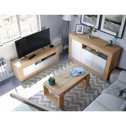 CAESAROO Buffet Salon 144 Cm Chêne Nordique Et Blanc Mat Avec 3 Portes | Chêne Et Blanc -Buffet et enfilade Soldes 55340003 4