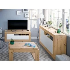 CAESAROO Buffet Salon 144 Cm Chêne Nordique Et Blanc Mat Avec 3 Portes | Chêne Et Blanc -Buffet et enfilade Soldes 55340003 5