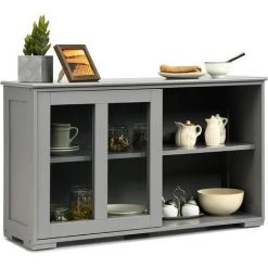 COSTWAY Buffet De Cuisine Meuble De Cuisine Pour Rangement,Vaisselier Avec Porte Coulissante En Verre Trempé En Bois Gris
